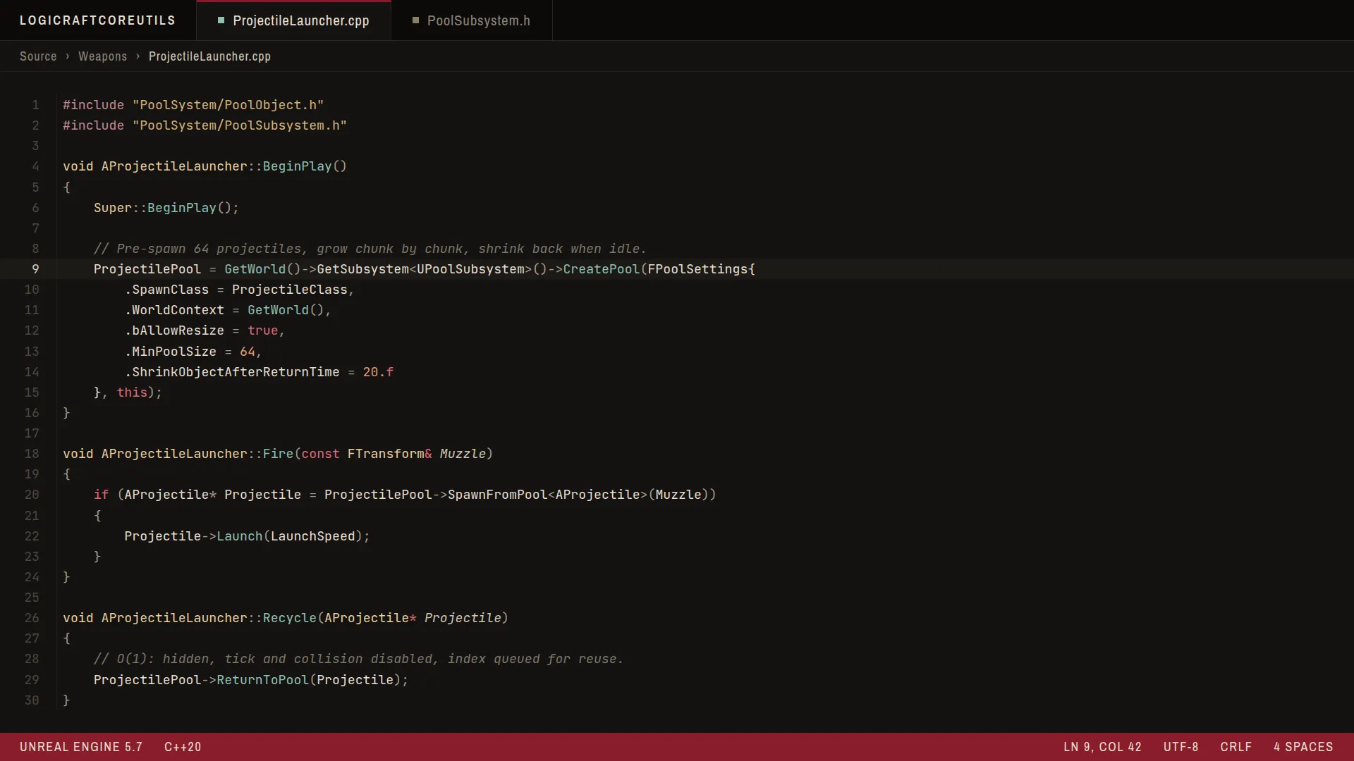 Actor pooling: pre-spawned chunks, O(1) spawn and return