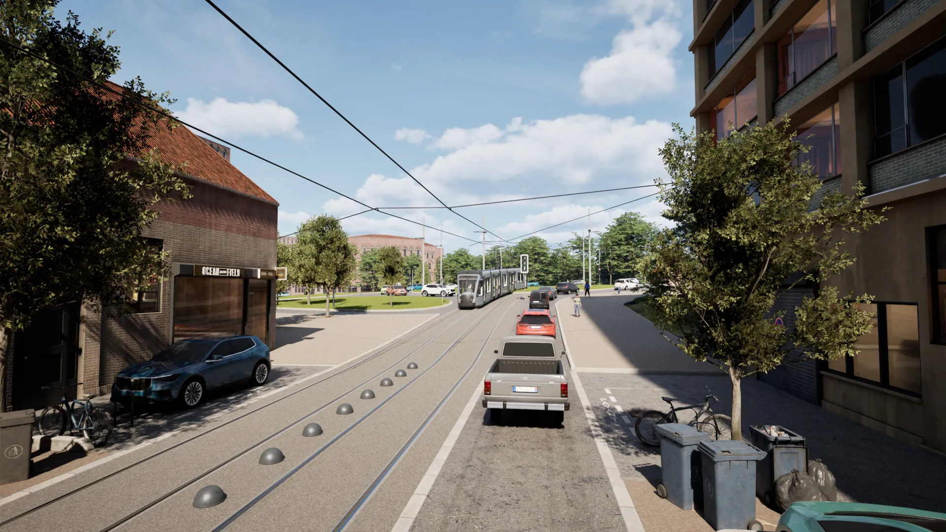 Street level, overhead lines and traffic